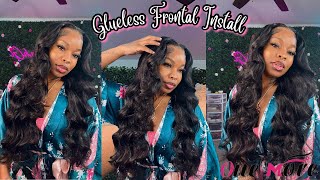 STEP BY STEP GLUELESS 30 INCH FRONTAL WIG INSTALL  MIDDLE PART CURLS TUTORIAL  ONEMORE HAIR [upl. by Ahsieat990]