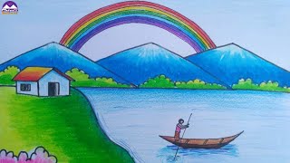 How to draw a beautiful rainbow scenery [upl. by Joelie]