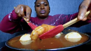 Asmr mukbang hot cassava pepper soup with some eggs and shrimp [upl. by Adiasteb339]