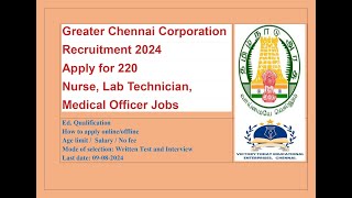 220 STAFF NURSE MEDICAL OFFICER LAB TECHCIAN IN CHENNAI CORPORATION [upl. by Yssirhc89]