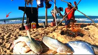 PESCARIA DE PRAIA PAI MÃE E FILHO fartura de peixes variedades delicioso frito [upl. by Towland]