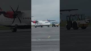 Loganair ATR 42500 LGMRD being towed to stand for the 4pm flight to london heathrow [upl. by Assenal]