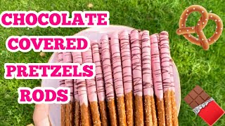 How to make CHOCOLATE COVERED PRETZELS RODS  DIY PINK Chocolate Covered Pretzels  Tutorial [upl. by Ellehsad988]