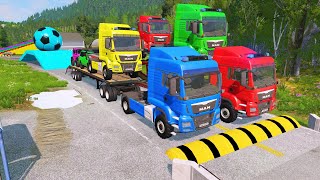 Double Flatbed Trailer Truck vs Speedbumps Train vs Cars  Tractor vs Train BeamngDrive 09 [upl. by Christen]