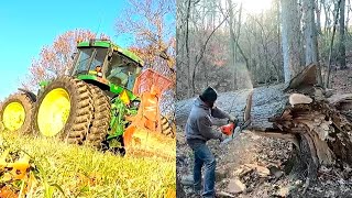 Dangerous Logging Winching a Huge Log With a Tractor Stuck Deep in The Woods [upl. by Harolda]