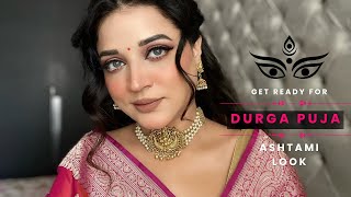 ASHTAMI MAKEUP LOOK  NO FOUNDATION MAKEUP  Day 3 অষ্টমীAshtami look [upl. by Adnawyt]