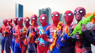 What If 10 SPIDERMAN in 1 HOUSE   Hey All SuperHero  Go To Battle Nerf Gun Game [upl. by Avraham]