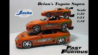 Brians Toyota Supra Diecast Orange The Fast And The Furious Jada 118 124 132 [upl. by Ahkihs]