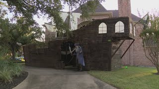 Houston couple builds 40foot pirate ship to put in front yard for Halloween [upl. by Lusa]