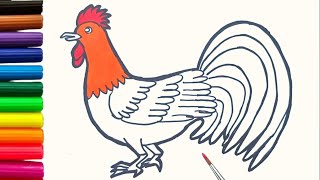 How to draw a RoosterEasy Rainbow Rooster Drawing step by step Coloring for beginners and toddlers [upl. by Ainezey]