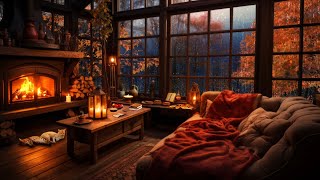 Rainy Autumn Day with Crackling Fireplace in a Cozy Hut Ambience  Relax Sleep or Study [upl. by Radburn633]