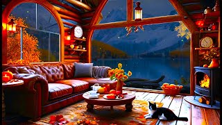 🍂🍂Cozy Autumn Coffee Shop Ambience  Warm Jazz Instrumental Music amp Crackling Fireplace for Relaxing [upl. by Savanna]