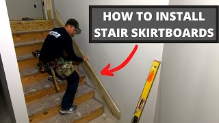 How to Install Stair Skirt Boards Tricks Finding Angles Cutting Transitions [upl. by Aerdnna]