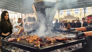 Italy Street Food Fairs Huge Hexagonal Grill of Giants Fiorentina Steak Pork Ribs amp more [upl. by Nishi]