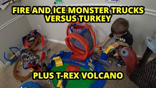 Fire and Ice Monster Trucks vs the Turkey and TRex Volcano  Kids Play Every Day [upl. by Ramberg]