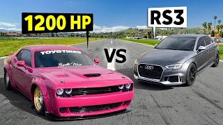 1200hp Liberty Walk Dodge Hellcat vs IROZbuilt Audi RS 3 No Prep Drag Race Duel [upl. by Ennovyahs]