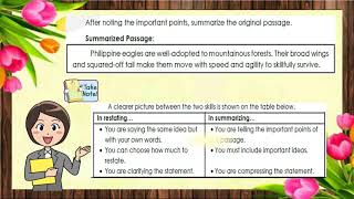 English 5 Q3 Week 3 Restating Sentences and Summarizing Information from Various Text Types [upl. by Grange]