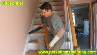 DIY Refinish amp Paint Hardwood Stairs that were Carpeted Stained Varnished Part 4 prime stringer [upl. by Nonnahs]