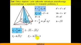Objętość i pole całkowite ostrosłupa prawidłowego czworokątnego  Matfiz24pl [upl. by Anika]
