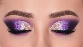 GOLD amp PURPLE Glitter Smokey Eye Makeup Tutorial  affordable [upl. by Lamrert331]