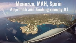 Menorca Spain Visual approach  landing rwy 01 MAH  LEMH Cockpit view A320 With ATC ATIS 4k [upl. by Reger]