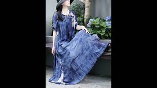 Spring Fashion Printing Blue Dress Loose Vintage Kaftan Dress [upl. by Anavlys963]