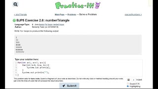 Java Practice It  26 numberTriangle  nested for loops [upl. by Eiznil793]