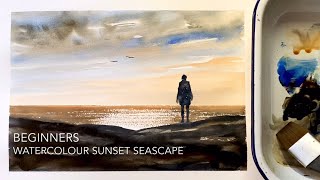 Beginners SUNSET WATERCOLOR Landscape Loose Watercolour PAINTING Seascape Figure Techniques Tutorial [upl. by Assej]