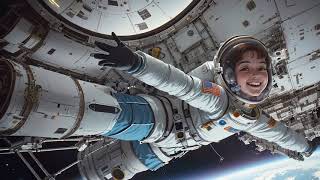 Space station young cute beautiful woman in space suit spacewalking [upl. by Thorstein]