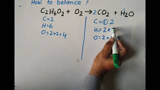 Balancing C2H6O2O2CO2H2O  Balancing combustion of C2H6O2 [upl. by Aydidey]