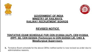 RRB JE RPFSI ALP amp TECHNICIAN Revised Exam Calendar [upl. by Cirdes795]