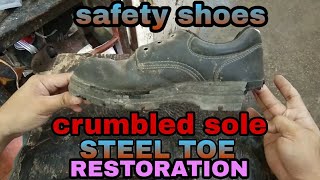 SAFETY SHOES REPAIRCRUMBLED SOLE STEEL TOE RESTORATION SHOETRICKS SHOEREPAIR [upl. by Inaffit694]