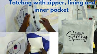 HOW TO SEW TOTEBAG WITH ZIPPER LINING AND INNER POCKET [upl. by Sldney916]