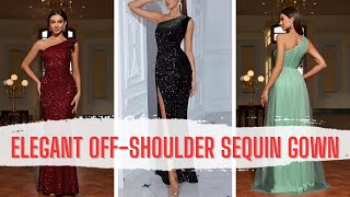 Elegant OffShoulder Sequin Gown with Slit  Sleeveless [upl. by Sjoberg]