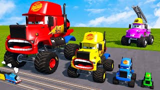 Big amp Small Monster Truck vs McQueen Fire Truck RESCUE Slide Color VS Trains Thomas  BeamNGdrive [upl. by Nedyaj]