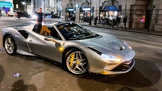 FIRST Ferrari F8 Spider in London Engine sound Driving and Roof [upl. by Connel]