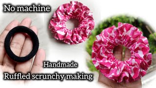 Easiest ruffled scrunchies making without machineHand sewing beautiful scrunchies making tutorials [upl. by Eirhtug]