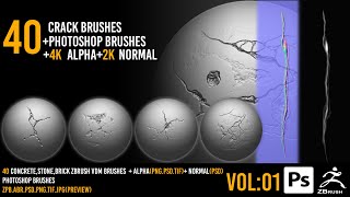 40 Zbrush Crack Brushes  4k alpha  2k normal  Photoshop Brushes  VOL 01 [upl. by Flss962]