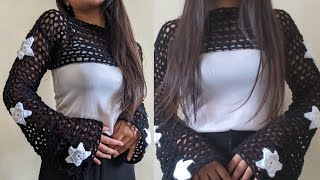 How to Crochet fishnet star shrug🤍 flare or bell sleeves crochet  simple and easy steps💫 [upl. by Rico547]