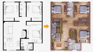 PART 01 Easy Plan Render  Single house plan render in Photoshop [upl. by Akelam]