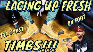 LACING FRESH TIMBERLANDS  UNBOXING amp ON FOOT  14k TOAST [upl. by Arv]