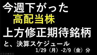 今週下がった高配当株、上方修正期待銘柄、決算スケジュール。～あす上がる株。最新の日本株での株式投資のお話です。初心者でも。～ [upl. by Yvonne326]