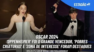 Oscar 2024 Oppenheimer foi o grande vencedor da noite com 7 Emma Stone leva prêmio de melhor atriz [upl. by Eimirej]