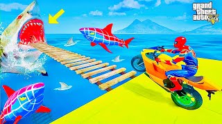 Ultimate GTA V SpiderMan Stunt Race Superheroes vs Shark in Epic Car Racing Challenge  Ep 107 [upl. by Anneyehc80]