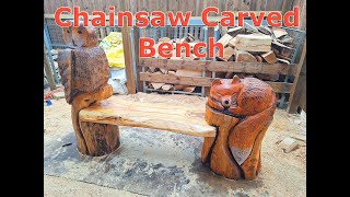 Chainsaw Carving  Owl amp Fox Bench [upl. by Ocsinarf]