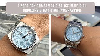 Tissot PRX Powermatic 80 Ice Blue Dial Unboxing  Day and Night Color Comparison [upl. by Hgielrebmik]