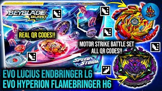 EVO HYPERION FLAMEBRINGER H6 LUCIUS ENDBRINGER L6 QR CODE MOTOR STRIKE SET BEYBLADE BURST SURGE APP [upl. by Haymo]