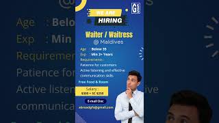 Hiring Waiter  Waitress in Maldives abroadjobs job career [upl. by Tull235]