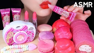 ASMR PINK FOOD ASMR EDIBLE BARBIE FOOD EDIBLE LIPSTICK EDIBLE LIP GLOSS CAKE MACARON CANDY ASMR [upl. by Jacquie440]