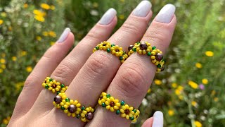 🌻 Stepbystep beaded sunflower ring Tutorial 🌼 [upl. by Karilla]